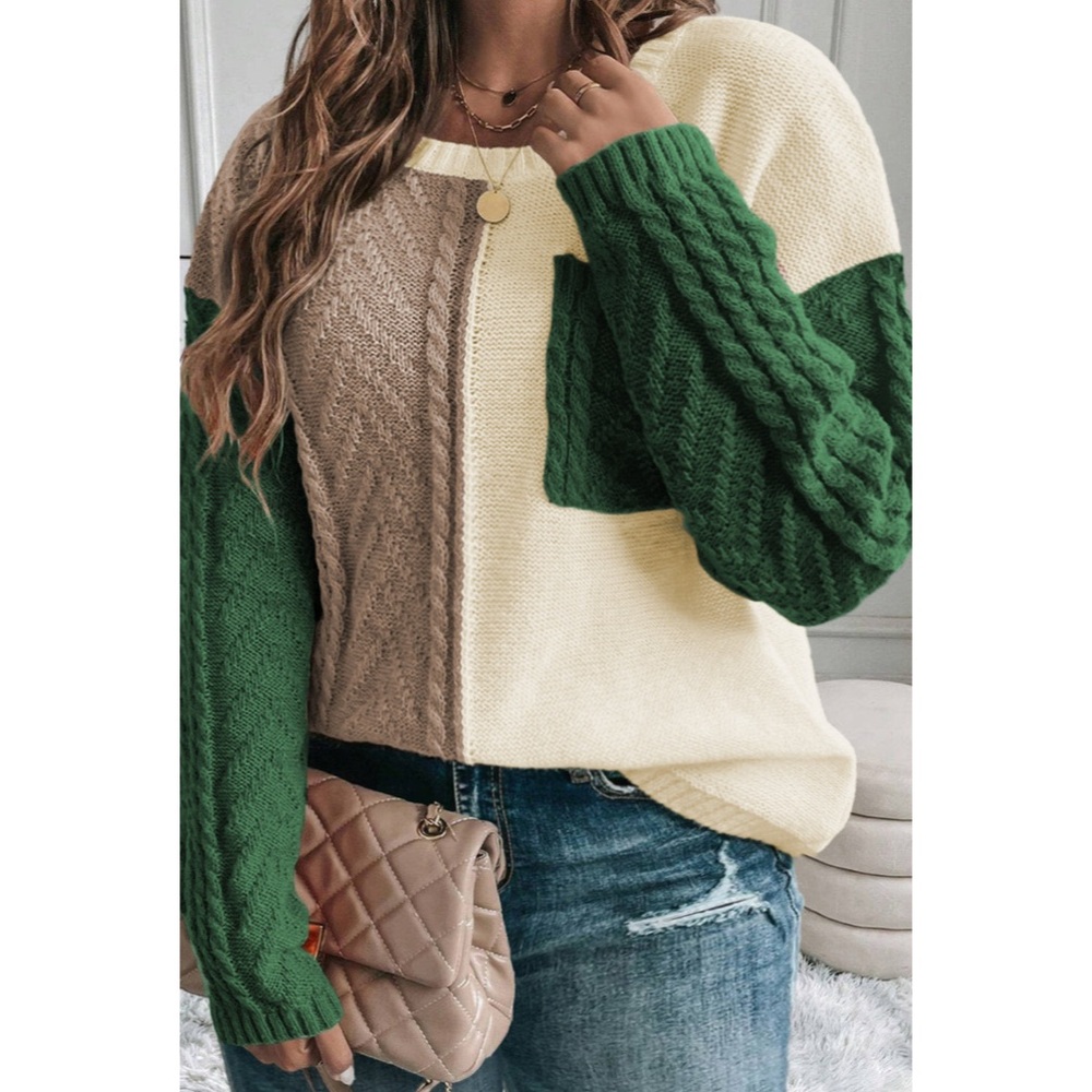 Green color block patched pocket sweater